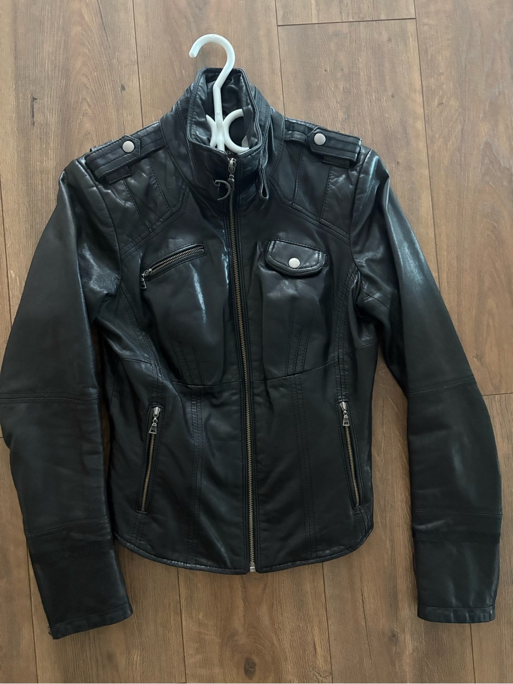 Danier Black Leather Moto Jacket with Zip Pockets